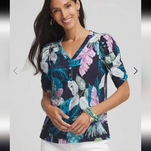 Chico's Tropical Slub Shirred Sleeve Henley Top - Blue and Purple